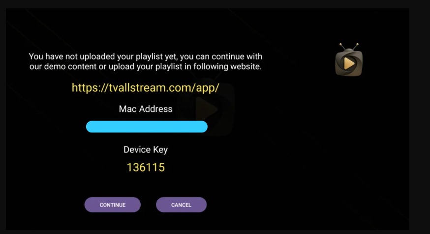 TvAllStream app first-launch screen showing the Mac Address and Device Key